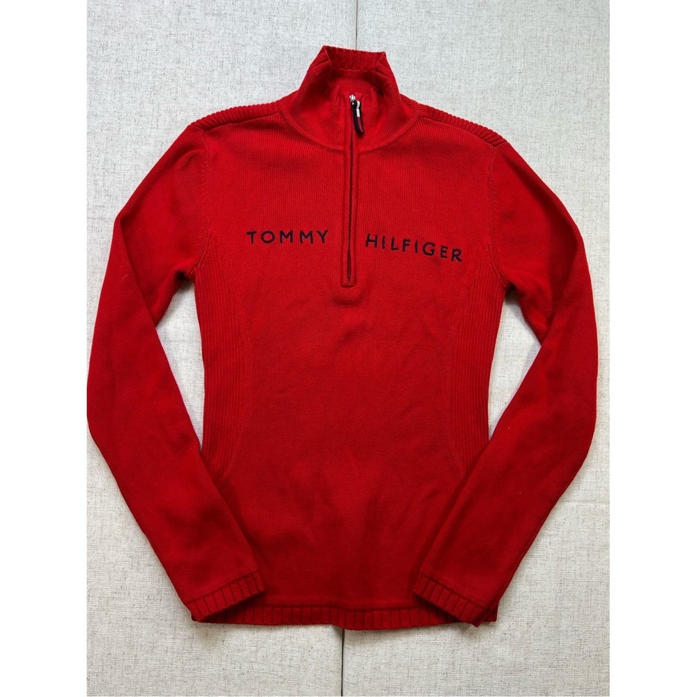 Tommy Hilfiger Y2K Red Spellout Quarter Zip Ribbed Knit Sweater Mock Neck M